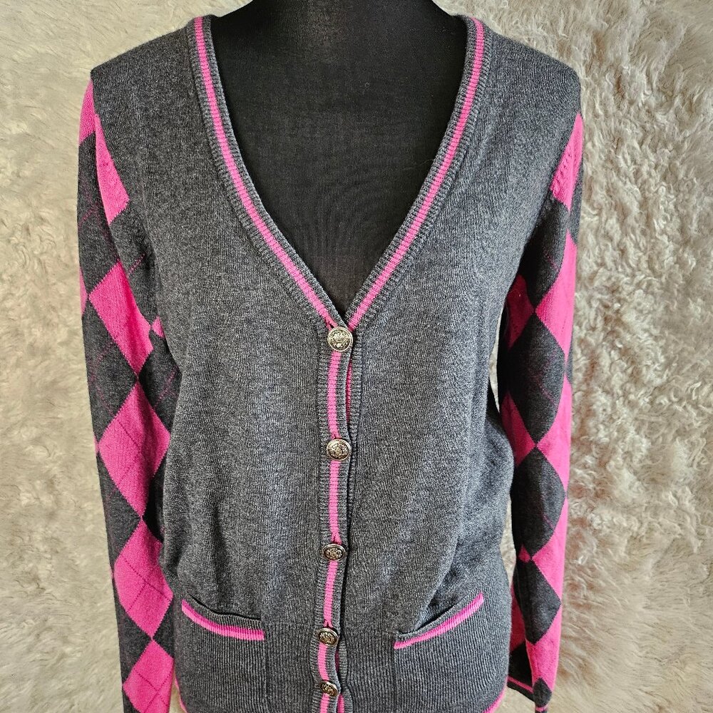 Tehama Women's Pink Gray Plaid Cashmere Blend Buttons Up Cardigan Size M